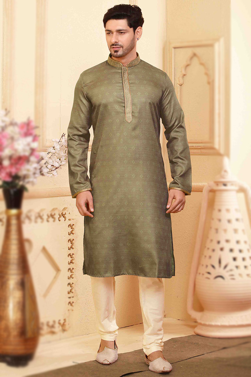 Olive Brown Cotton Silk Straight Cut Men Churidar Kurta Pajama