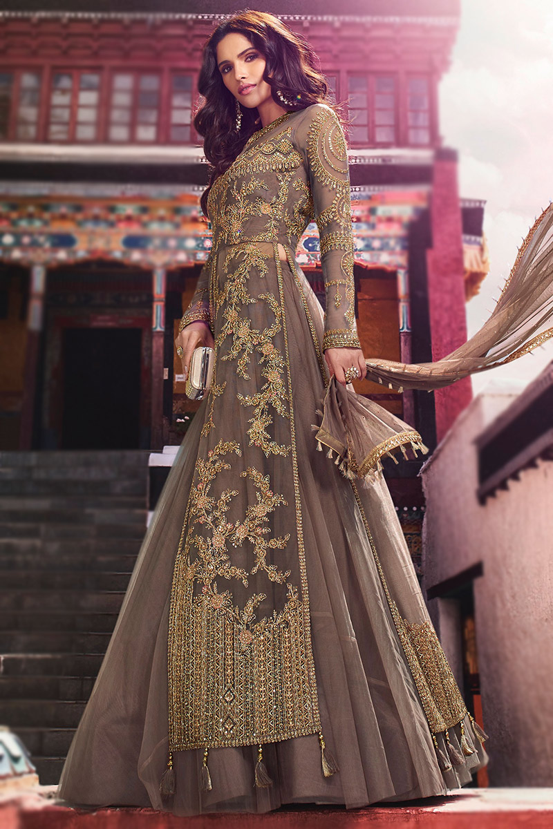 Olive Brown Front Slit Embroidered Net Long Choli Lehenga LLCV116424