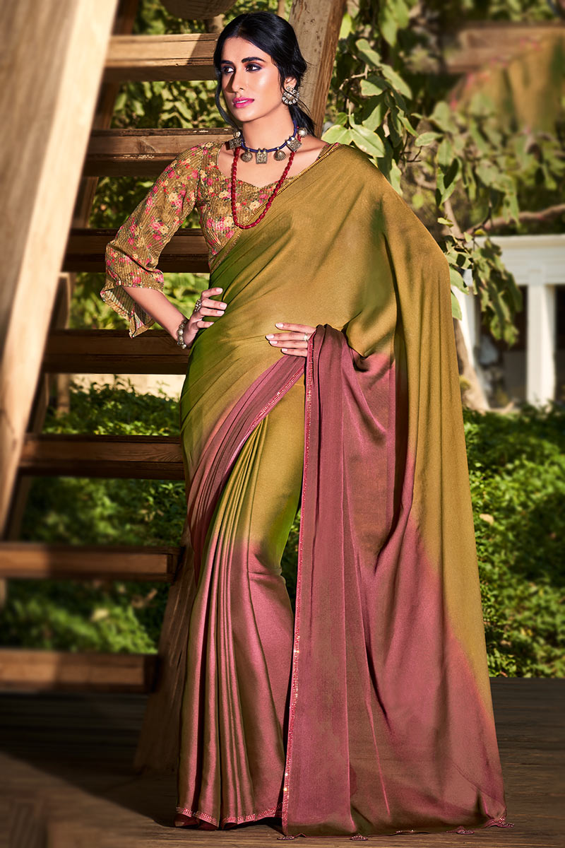 Olive Green And Dusty Pink Chiffon Printed Saree