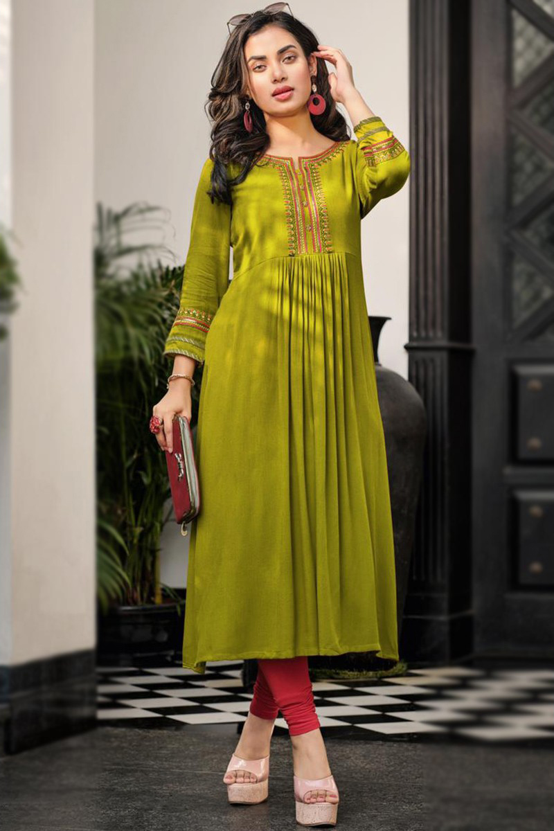 Olive Green Cotton Blended Embroidered Kurti