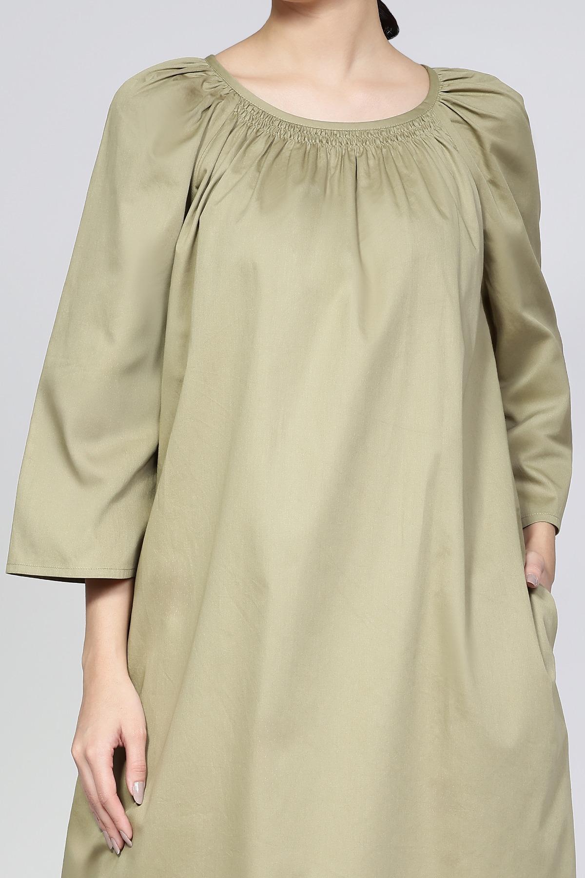 Olive Green A Line Midi Dress with Gathered Neck | Andaaz Fashion - FT00013