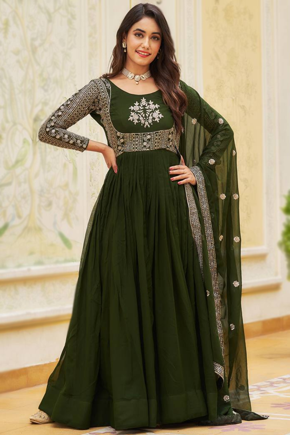 Indian Designer Gown With popular Thread with zari lining Sequince Embroidered Work For Wedding, Party Ceremony , Reception Anarkali Long Gown