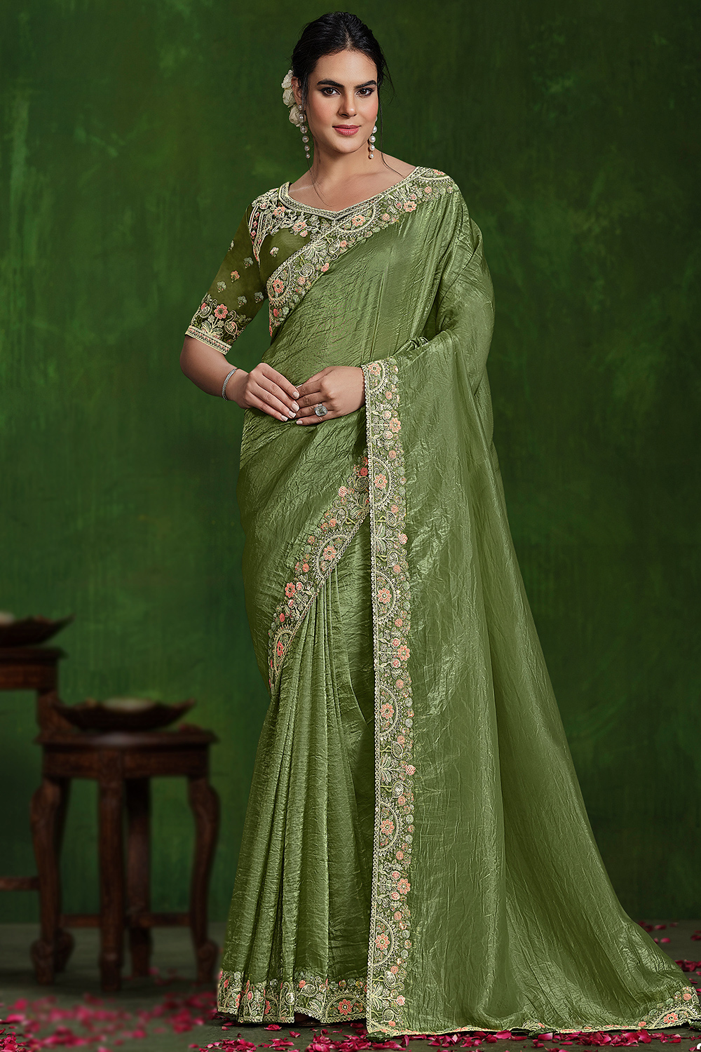 Olive Green Lace Embroidered Satin Silk Shimmer Readymade Saree