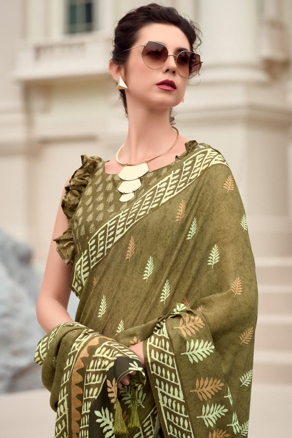 Olive Green Lightweight Cotton Silk Printed Casual Wear