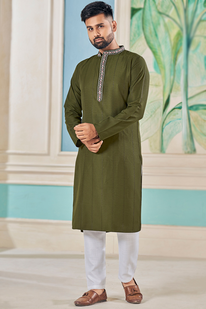 Olive Green Lurex Thread Weaved Viscose Men's Kurta Pajama MKPA06641
