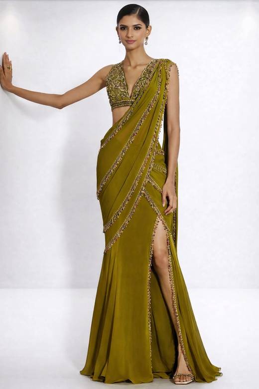 sari inspired cocktail dress Saree Gowns Online for Women Brown Faux Leather Knee spell gypsy modern heritage evening elegance. US Sizes:5 Men's = 6.5 Women's modern sari dress