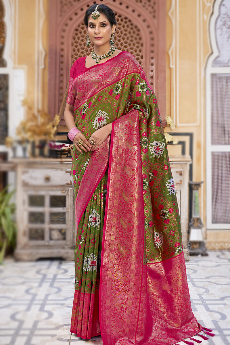 Olive Green Patola Silk Saree for women, Indian Saree for Festival & Wedding ReceptionPatan store Patola Kanchi Pattu Ikkat.