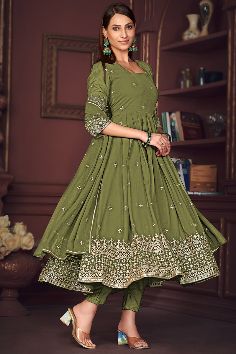 Olive Green Zari Embroidered Georgette Anarkali Suit For Mehndi