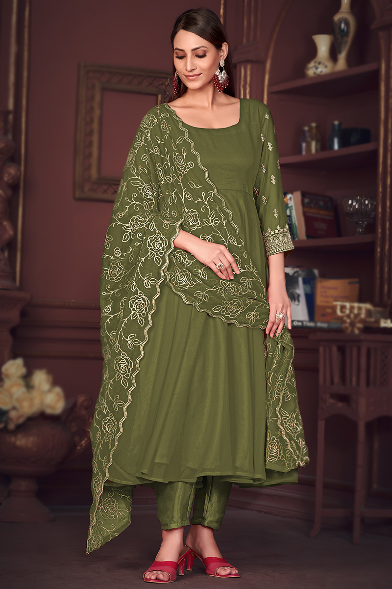 Olive green anarkali suit with pants/hand painted high quality organza dupatta for women