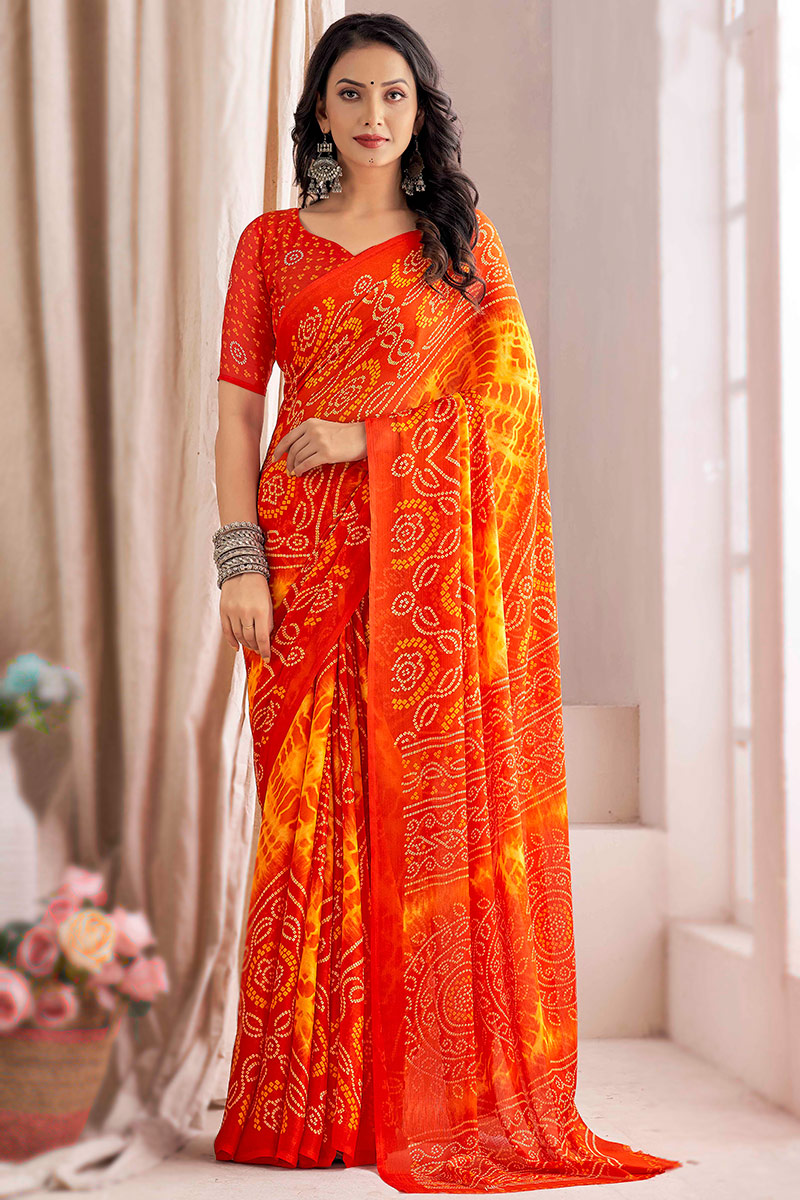 Blouse Modern Rajasthani Dress Orange Chiffon Bandhej Print