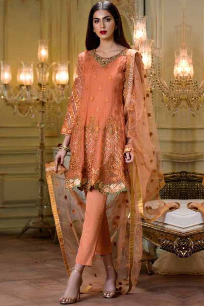 Orange Chiffon Embroidered Straight Pant Suit