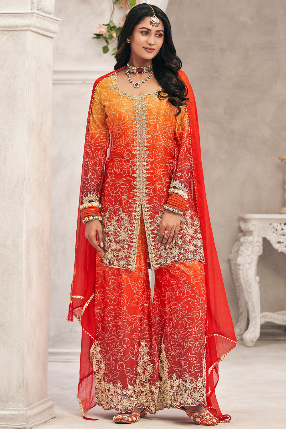 Orange Chinnon Palazzo Suit With Zari Work For Diwali LSTV138195