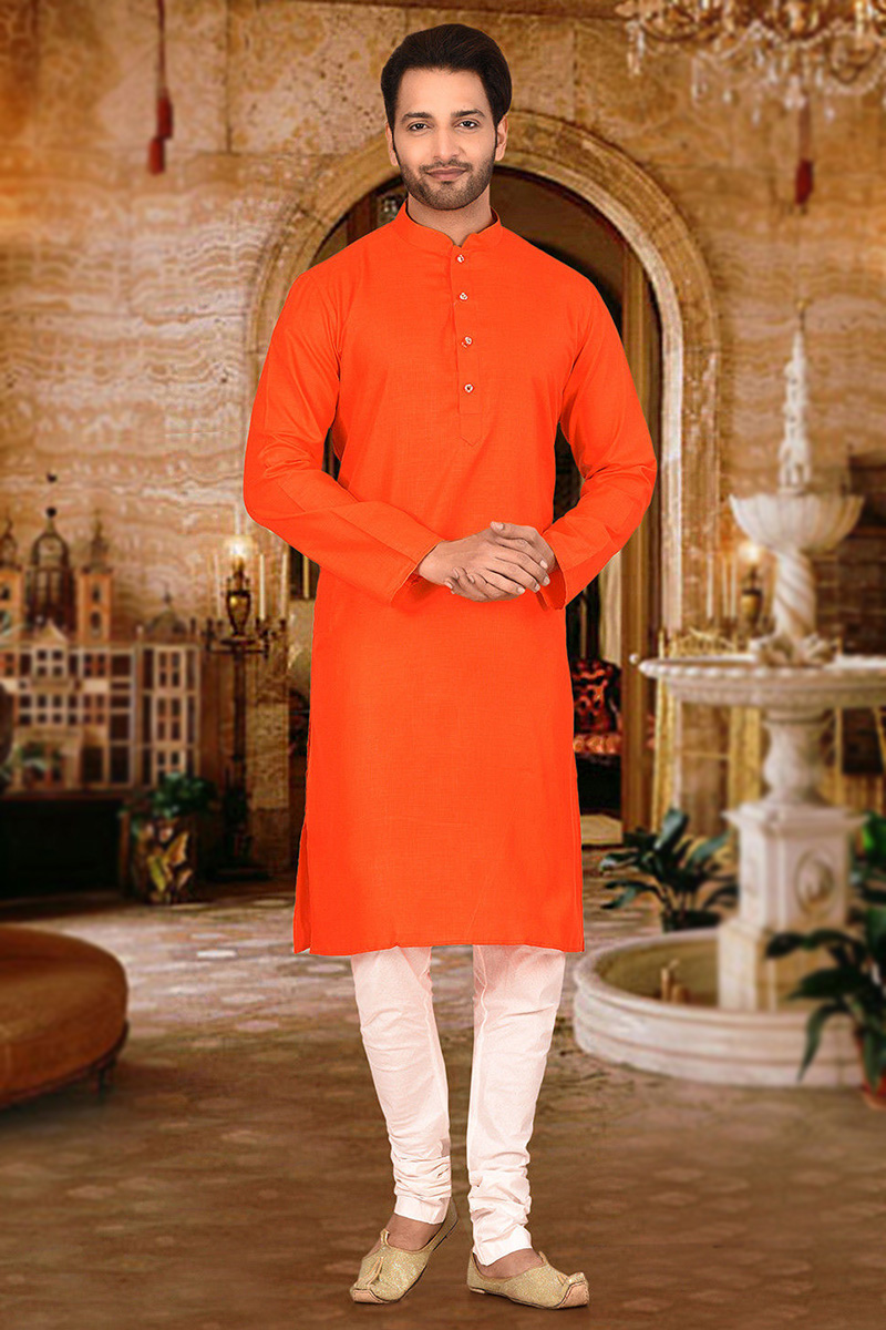 Cotton Orange Men Kurta Pajama MKPA02599