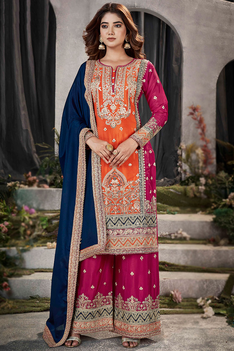 Orange Embroidered Chinnon Straight Cut Palazzo Suit LSTV127187