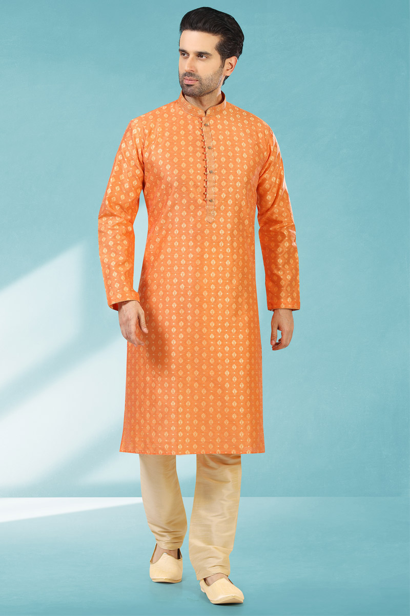 Partywear Designer top Orange Banarasi Jacquard Kurta Pajama