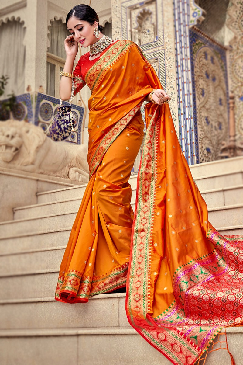 Orange Color Soft Lichi Silk Bollywood Style New arrival Bold sold And Beautiful Saree With Weaving Silk Exclusive Indian Stunning Look Sari