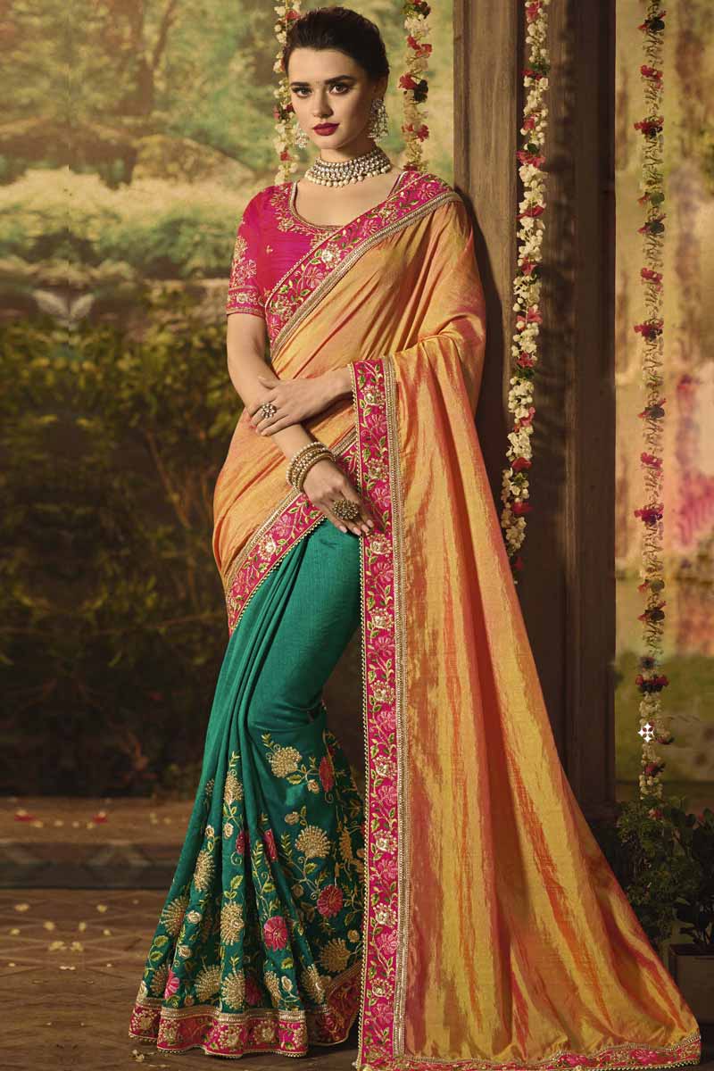 Orange and Green Zari Woven Dola Silk Saree With Embroidery Work hotsell Blouse For Indian Traditional Designer Saree for every Occasion