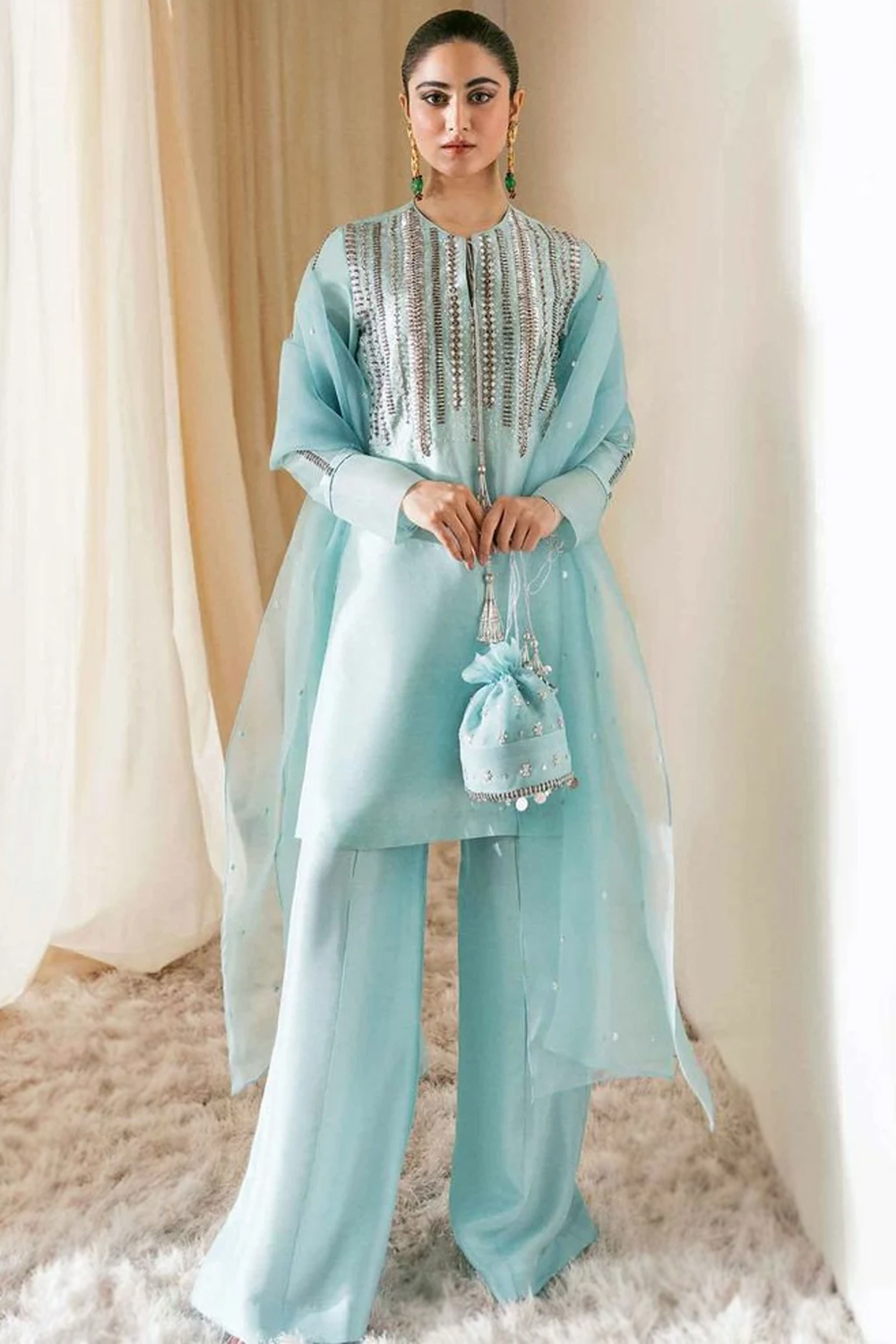 Organza Sky Blue Embroidered Palazzo Pant Suit LSTV131148
