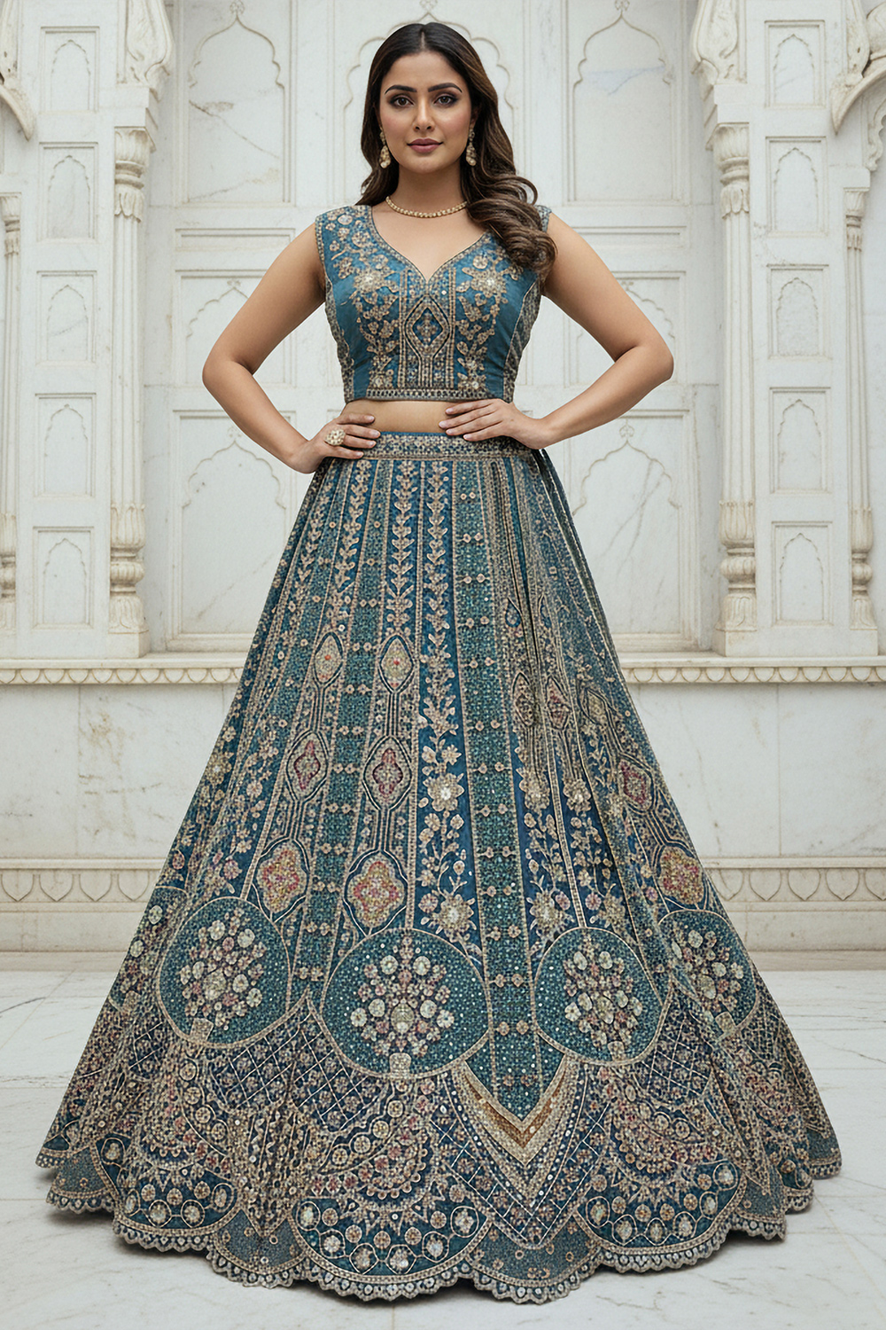 Organza Turquoise Blue Lehenga with Sequins Work for Wedding - LLCV123301