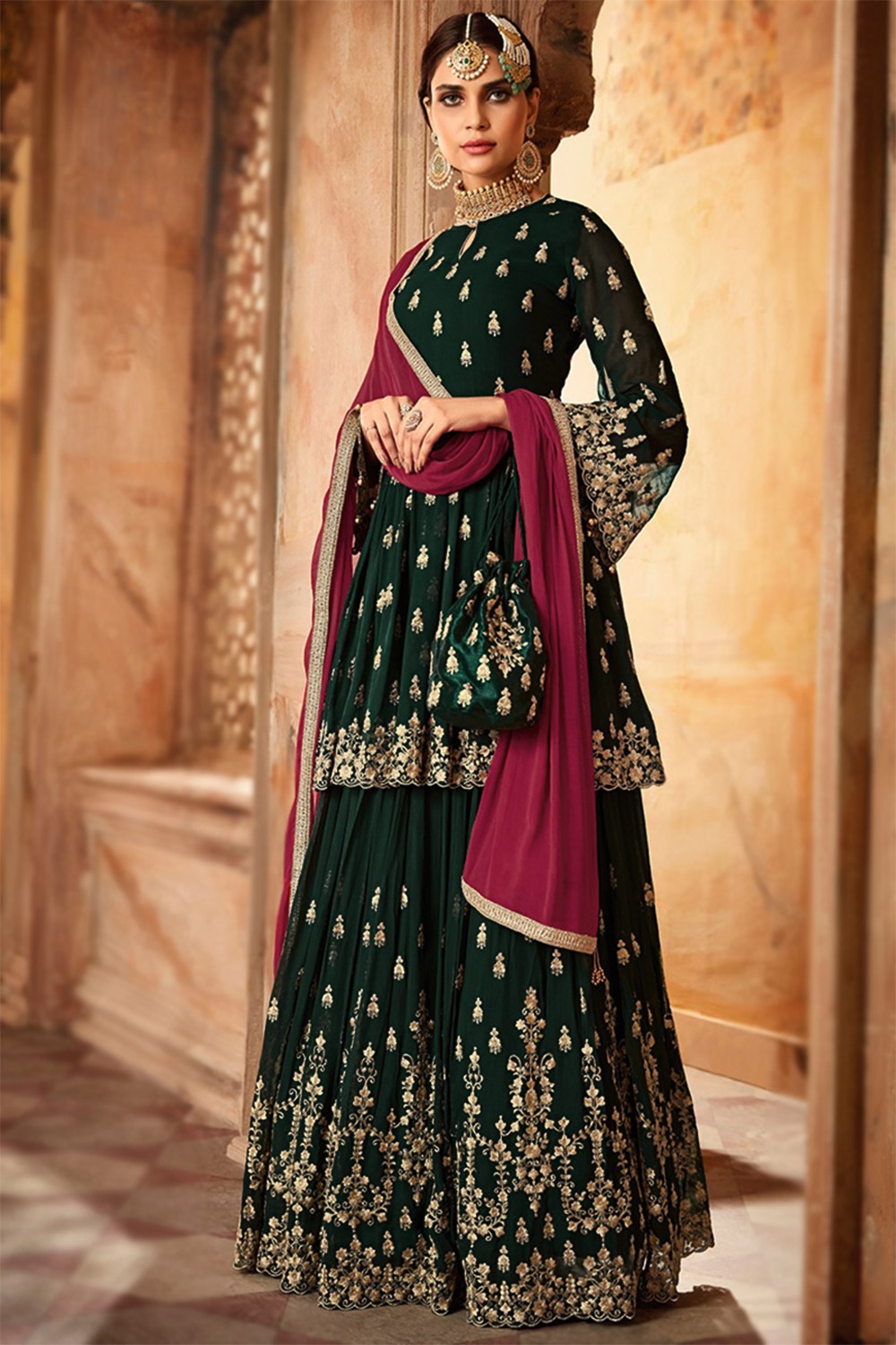 Pakistani Bottle Green Frock Style Georgette Embroidered Sharara