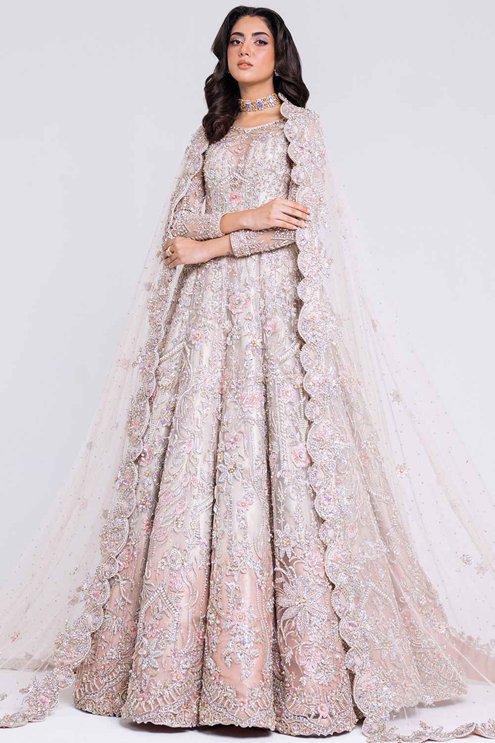 Andaaz Fashion Women's Pale Pink Net Beads Embroidered Bridal Salwar Kameez Gown