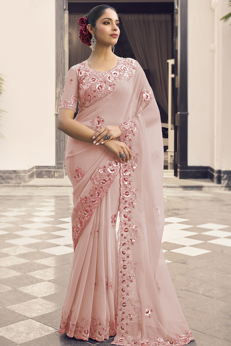 Pale Pink Dori Embroidered Georgette Wedding Wear Saree SARV170196