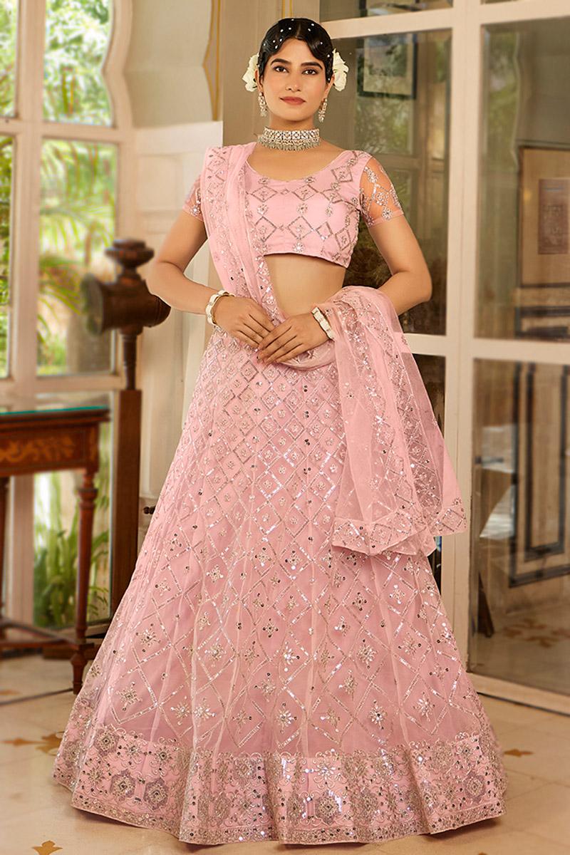 party wear pink net based embroidered gown