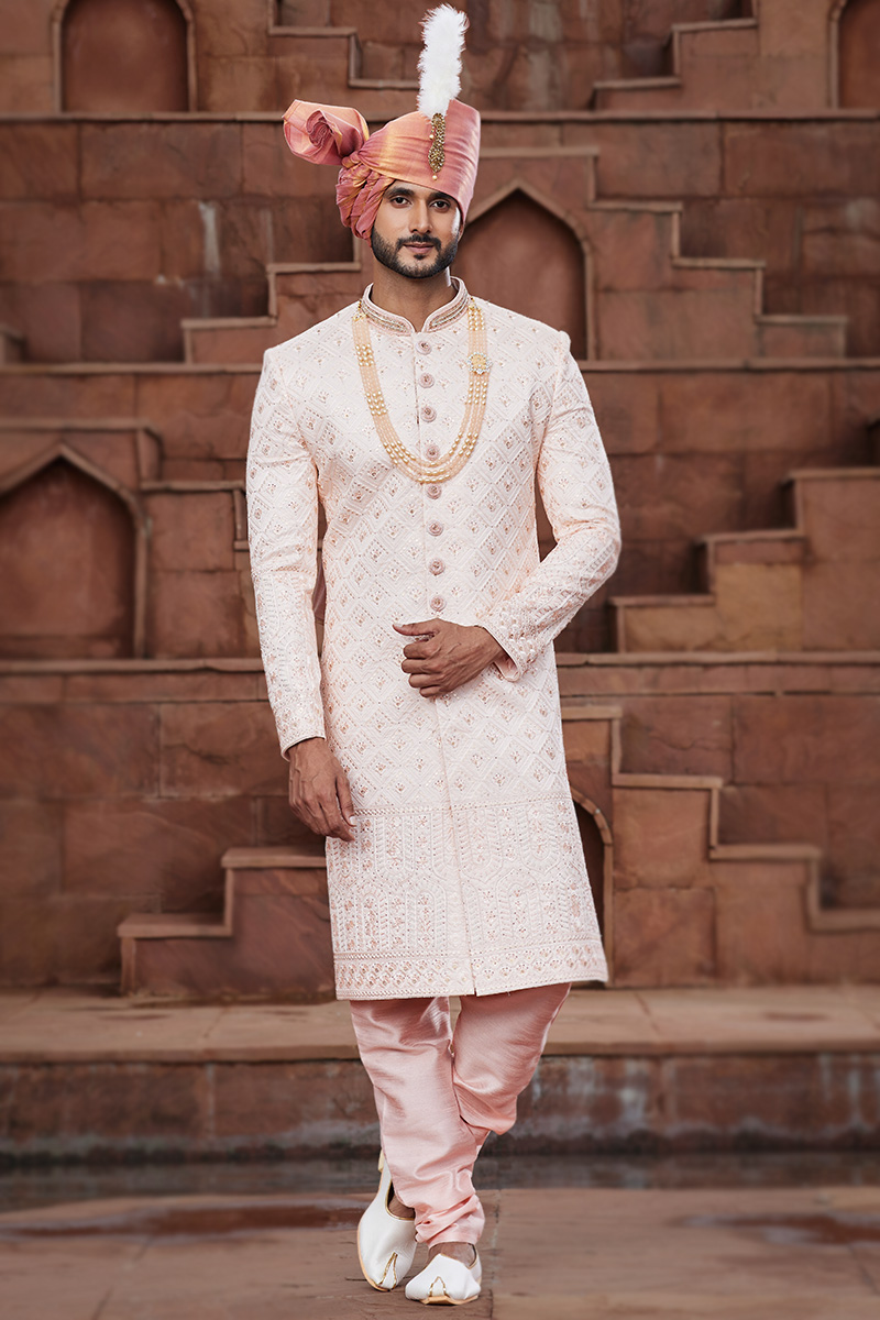 Pale Pink Sequins Embroidered Silk Wedding Wear Men s Sherwani