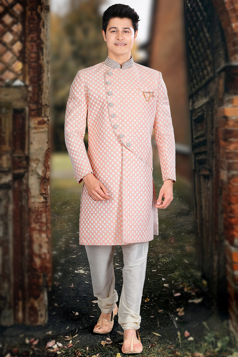 Men Sherwani for Party Wear in Silk Pale Pink with Resham Work