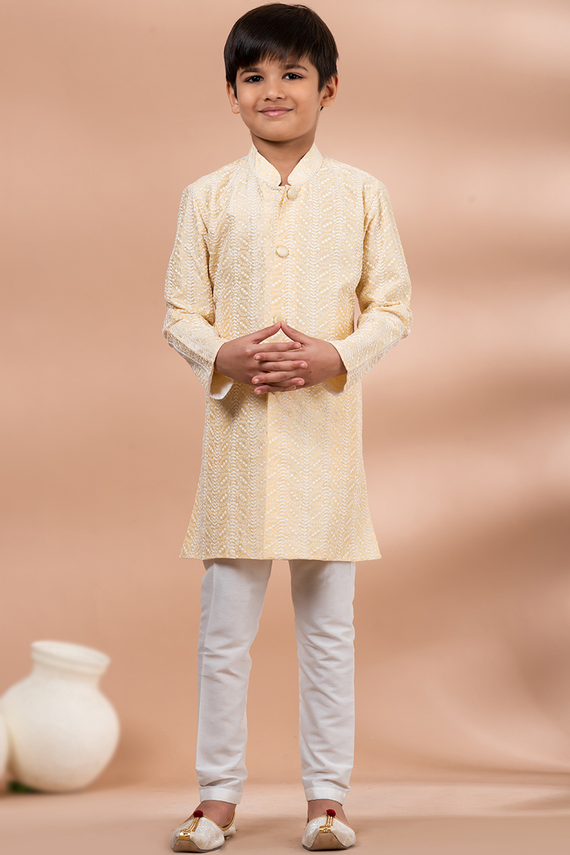Pale Yellow Silk Embroidered Boy's Wedding Wear Kurta Pajama MKPA07015
