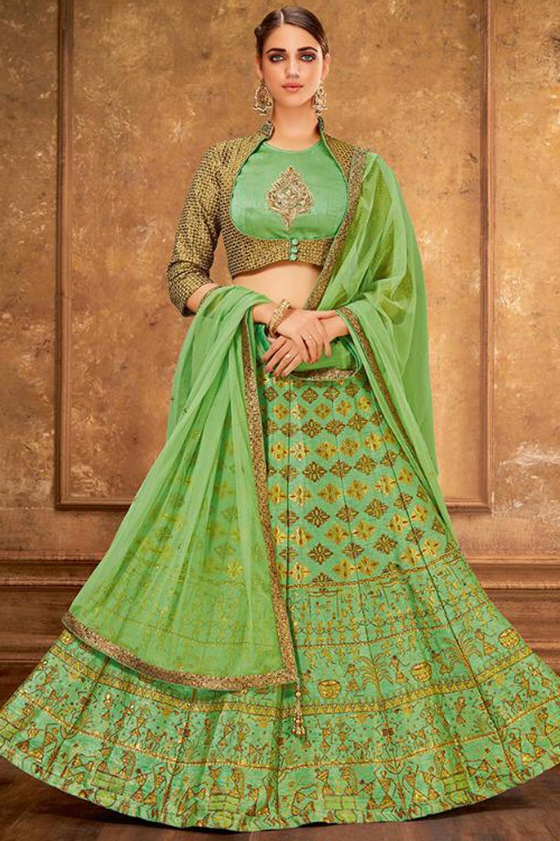 Georgette Embroidery Lehenga Choli In Parrot Green Colour - LD5570041