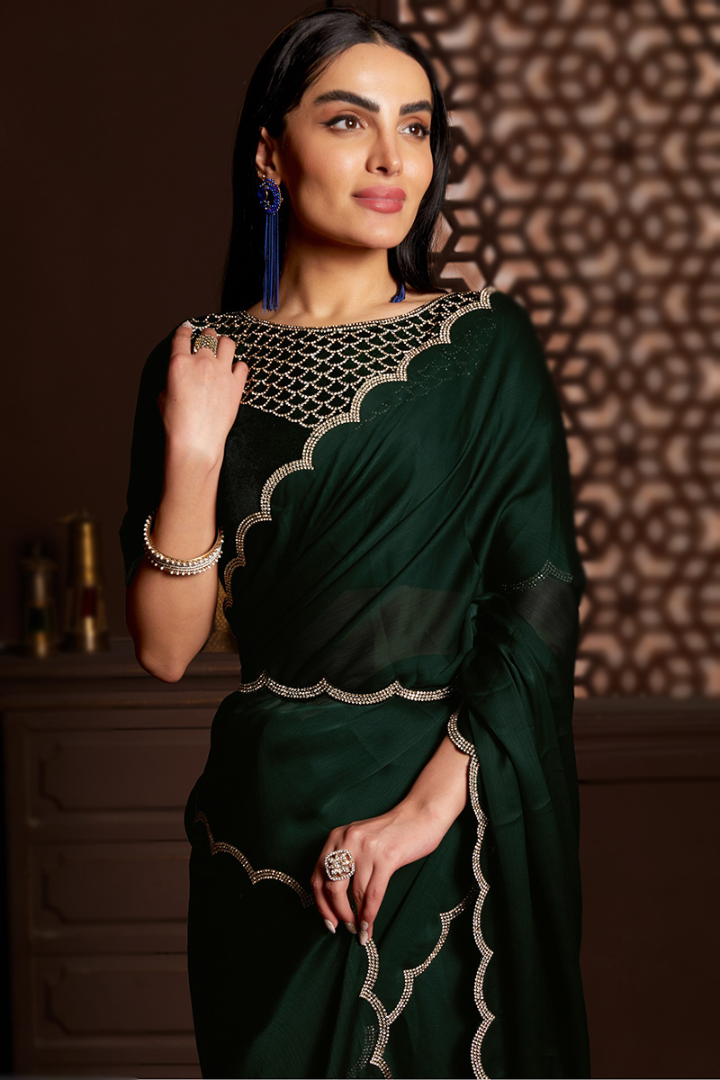 Party Wear Dark Green Fancy Chiffon Saree