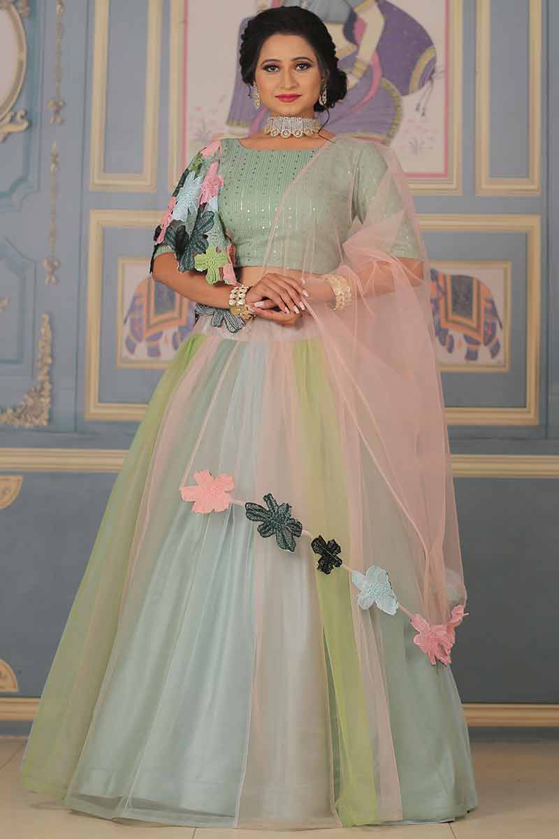 Party Wear Pistachio Green Net A Line Lehenga