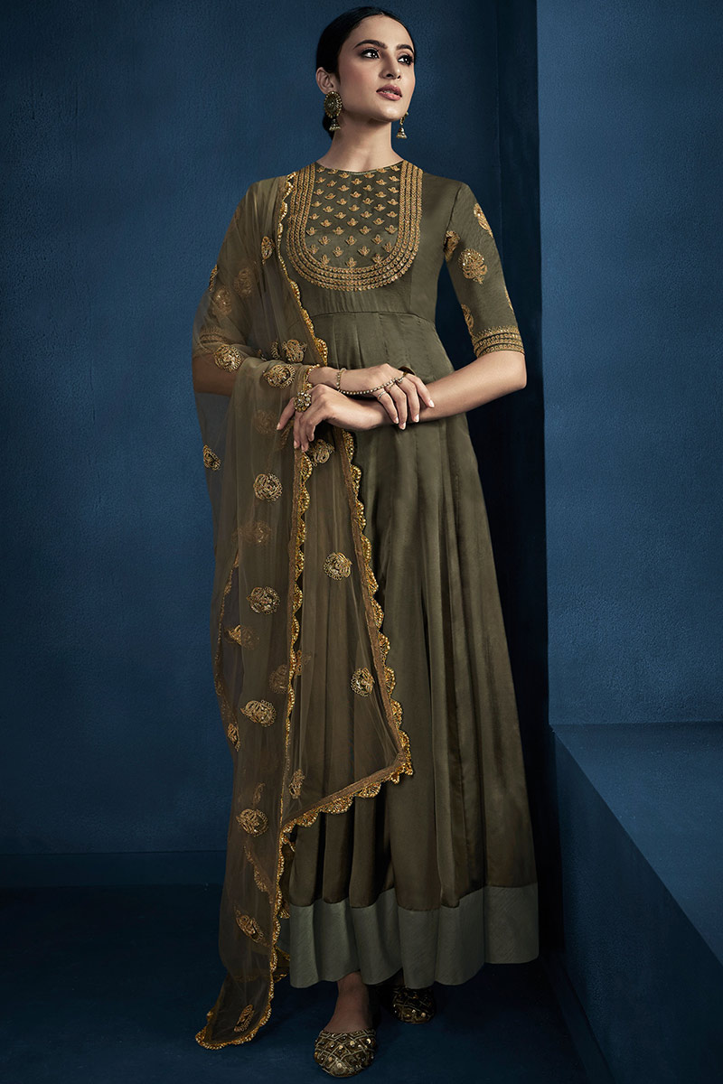 Buy Party Wear Silk Anarkali Suit In Olive Green Color Online - LSTV05336 |  Andaaz Fashion