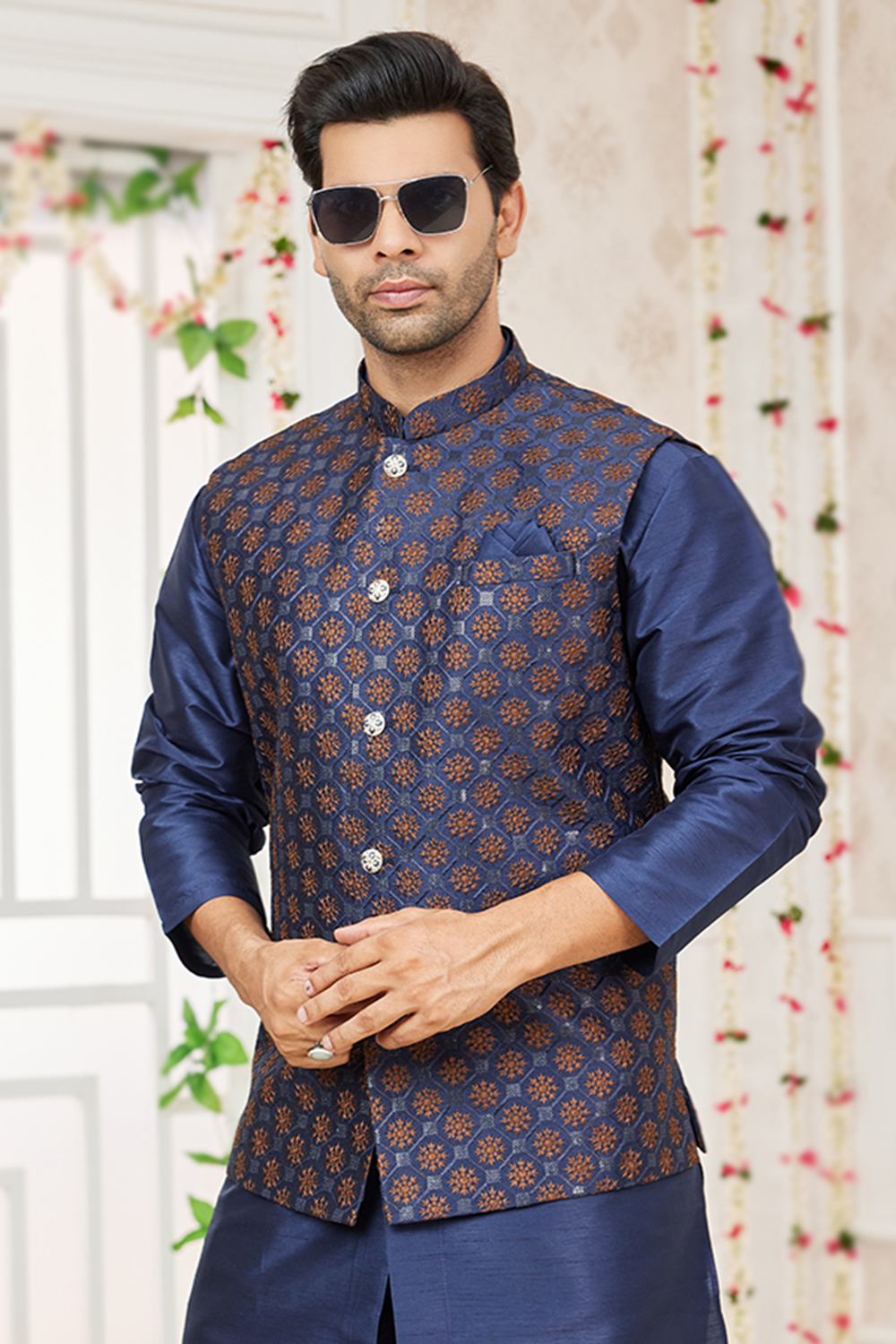 Pastel Dark Blue Art Silk Embroidered Men s Nehru Jacket