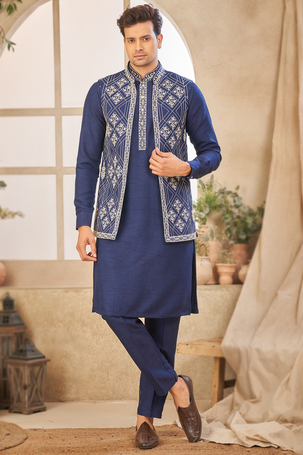 Pastel Dark Blue Silk Men's Kurta Pajama With Embroidered Jacket