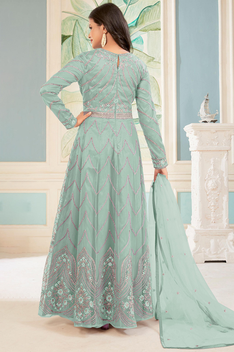 Pastel Mint Blue Embroidered Net A-line Anarkali Suit LSTV127348