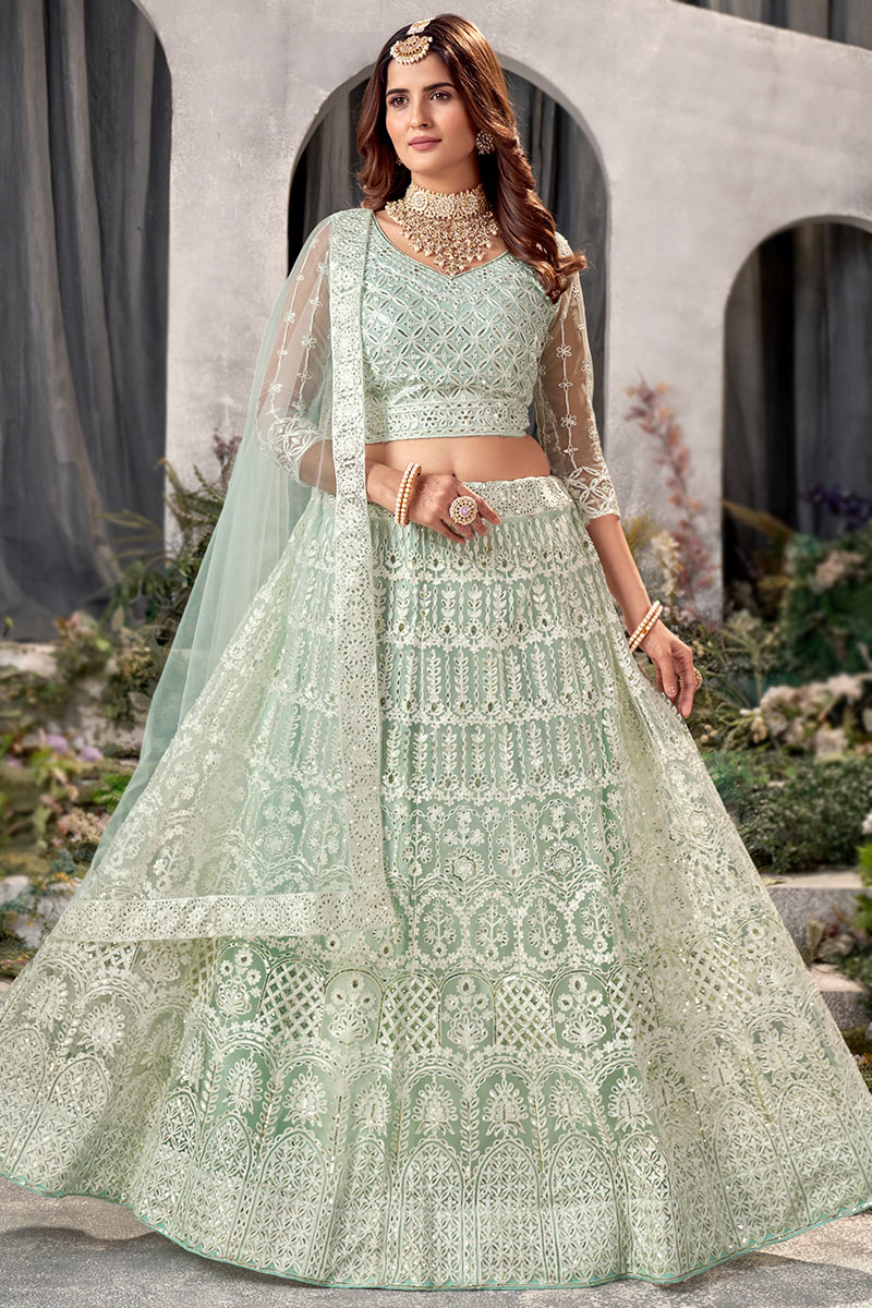 Pastel Mint Blue Net Embroidered A line Lehenga LLCV117714