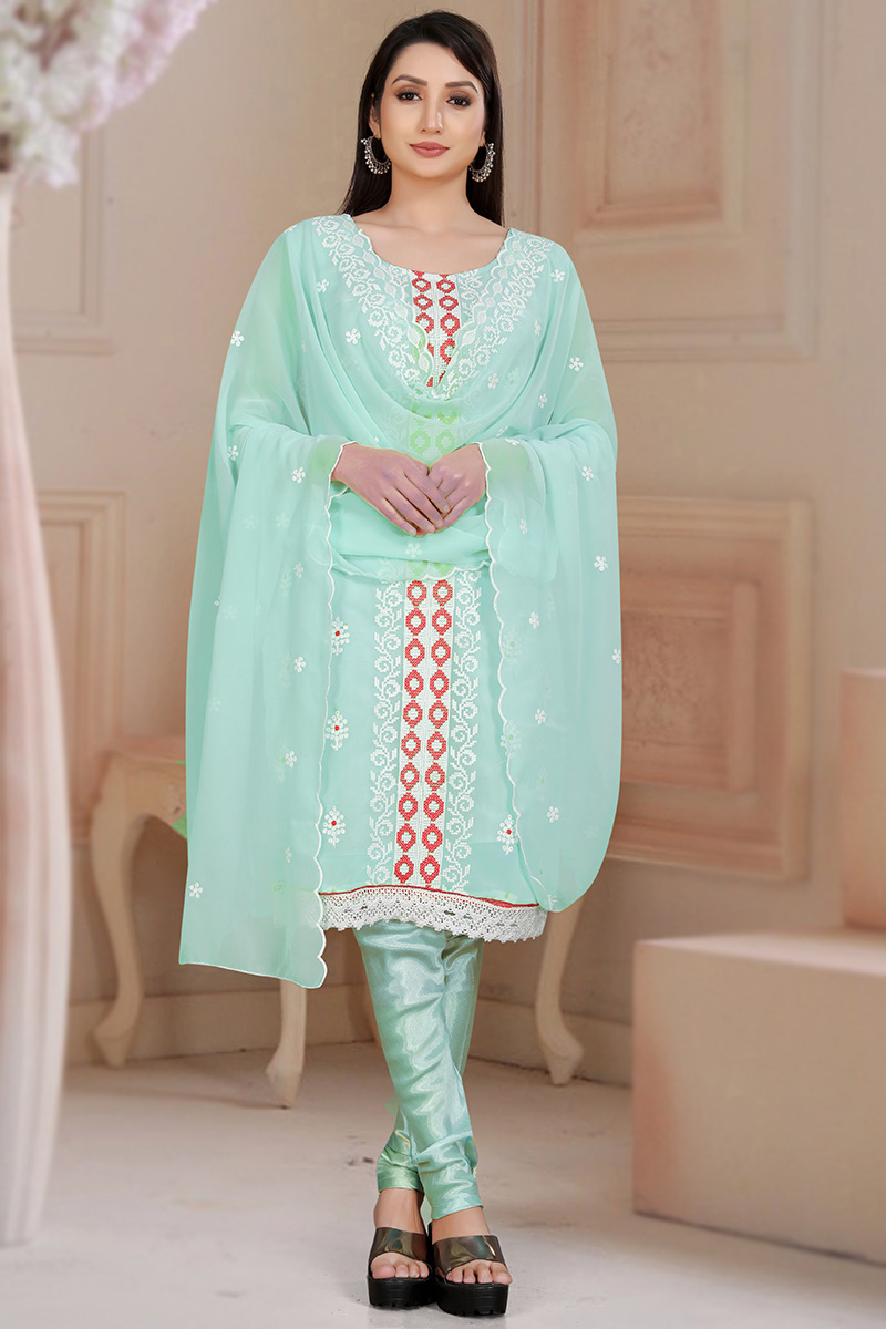 Looking for Latest Pastel Mint Blue Churidar Suit with Resham