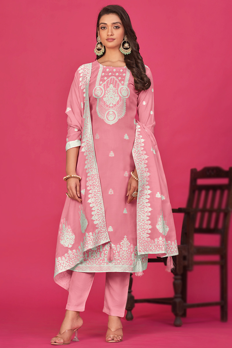 Pastel Pink Chanderi Weaved Thread Straight Cut Trouser Suit