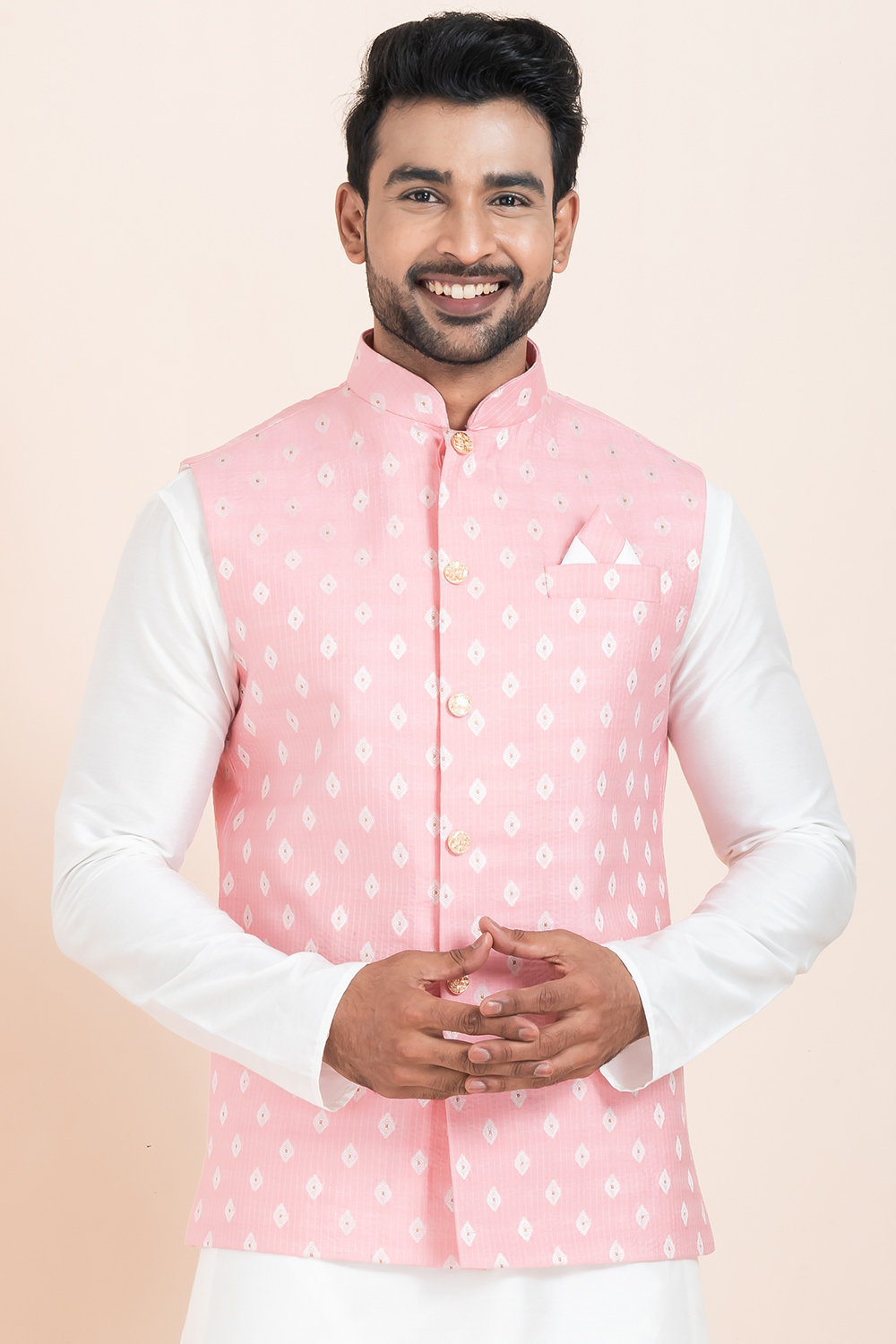 Pastel Pink Cotton Silk Weaved Waistcoat For Men MWCV0516