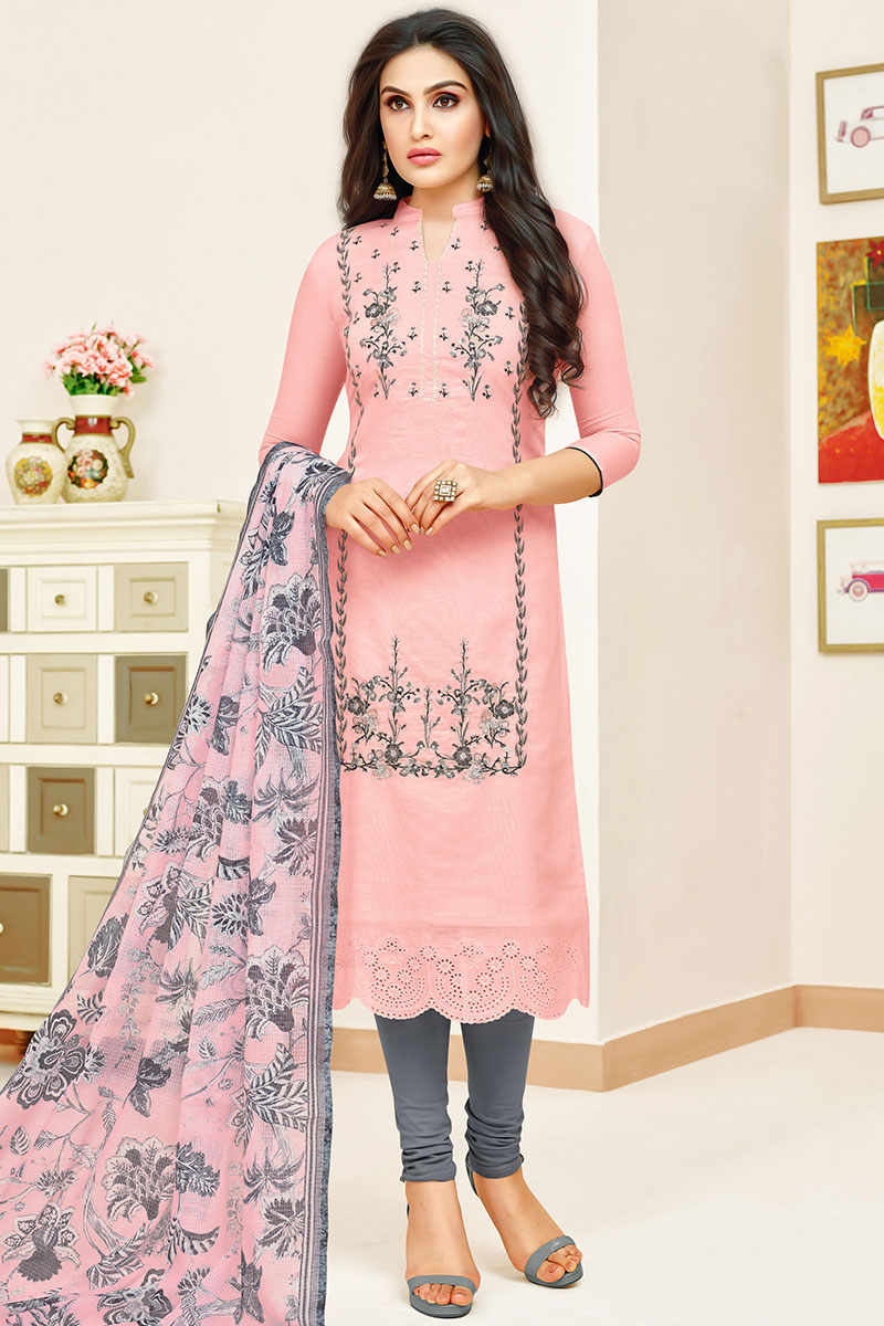 Pastel Pink Embroidered Silk Modal Churidar Suit