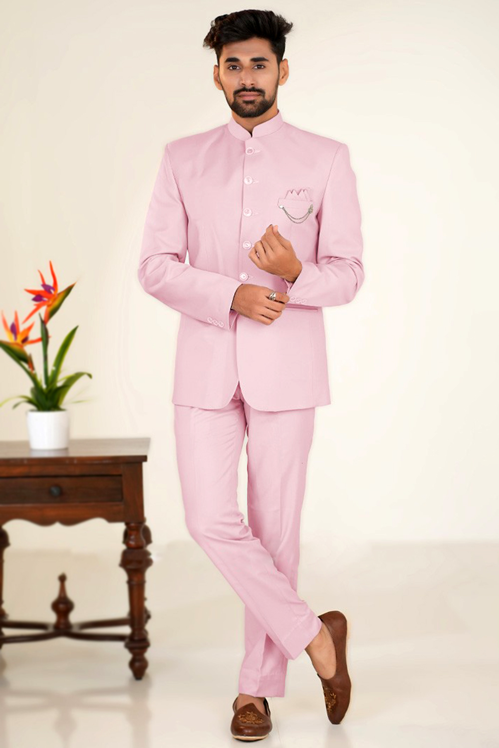 Pastel Pink Plain Silk Jodhpuri Style Men's Coat Pant MSTV04002