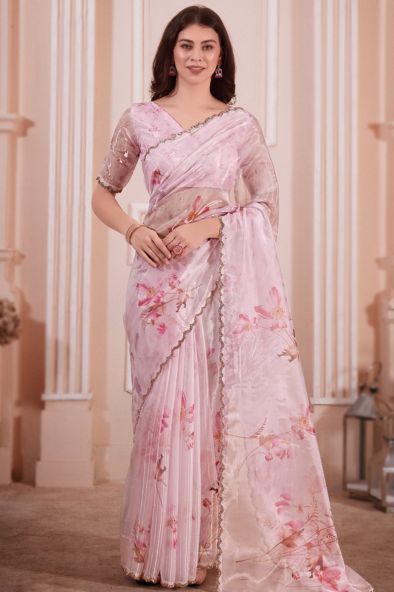 Pastel Pink Stone Embellished Organza Silk Light Weight Saree - Technical View