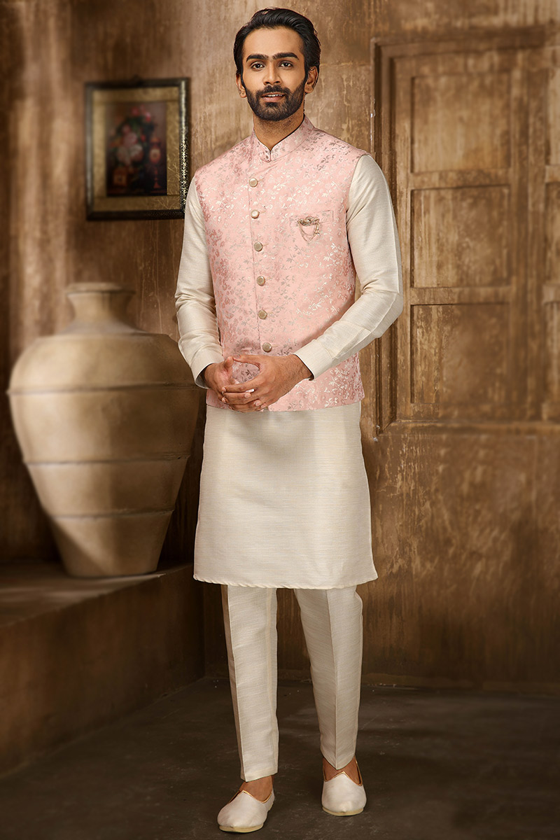 Buy Art Silk Peach Men Kurta Pajama With Jacket MKPA01926