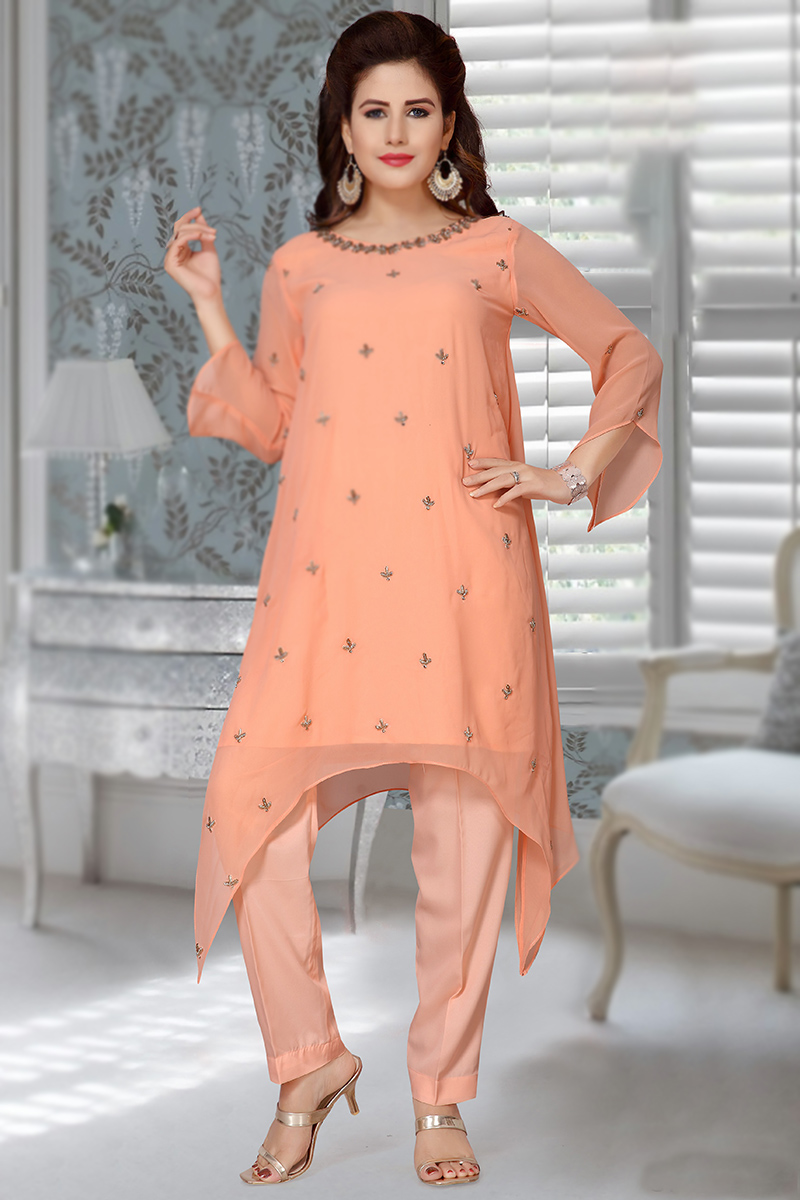 New Arrival Indian Peach Georgette Embroidered Abaya Style Kurti LKV001651