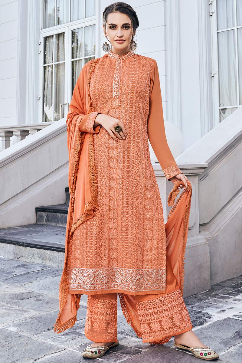 Buy Peach Georgette Indian Suit With Palazzo Pant Online