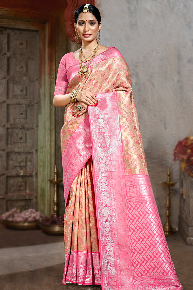 Peach Kanchipuram Silk Weaved Zari South Indian Saree SARV162564