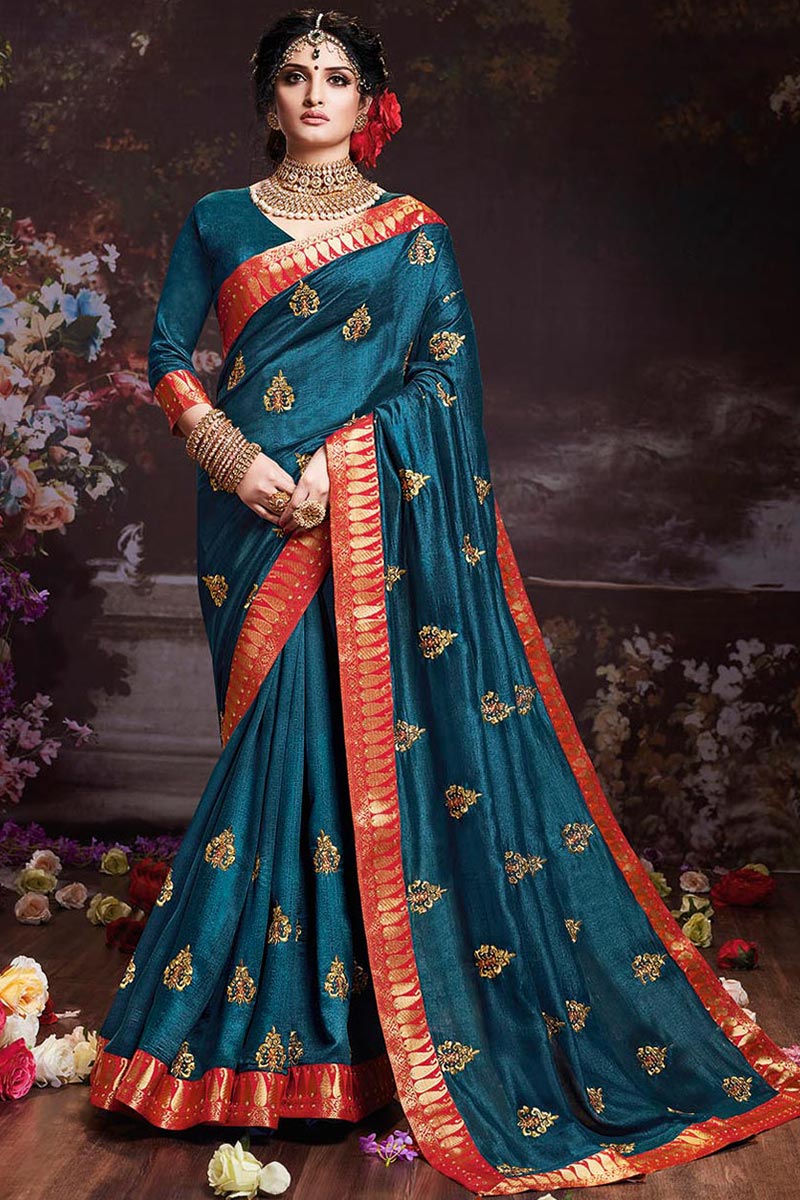 Peacock Blue Art Silk Saree With Art Silk Blouse