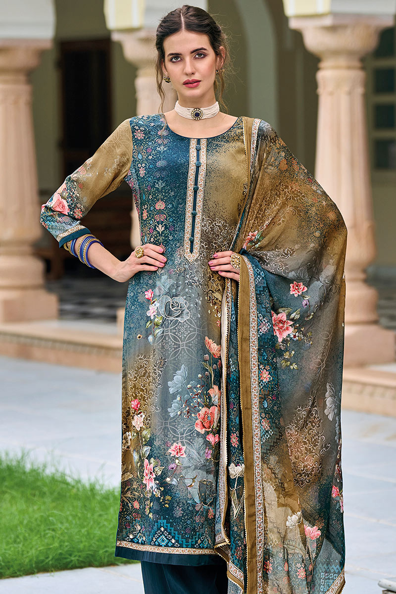 Peacock Blue Casual Wear Printed Crepe Palazzo Suit LSTV126631